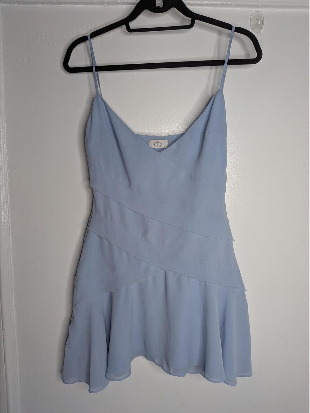 Oh Polly Dress Womens 4 Blue Chiffon V Neck Tiered Slip Mini Party Fit & Flare